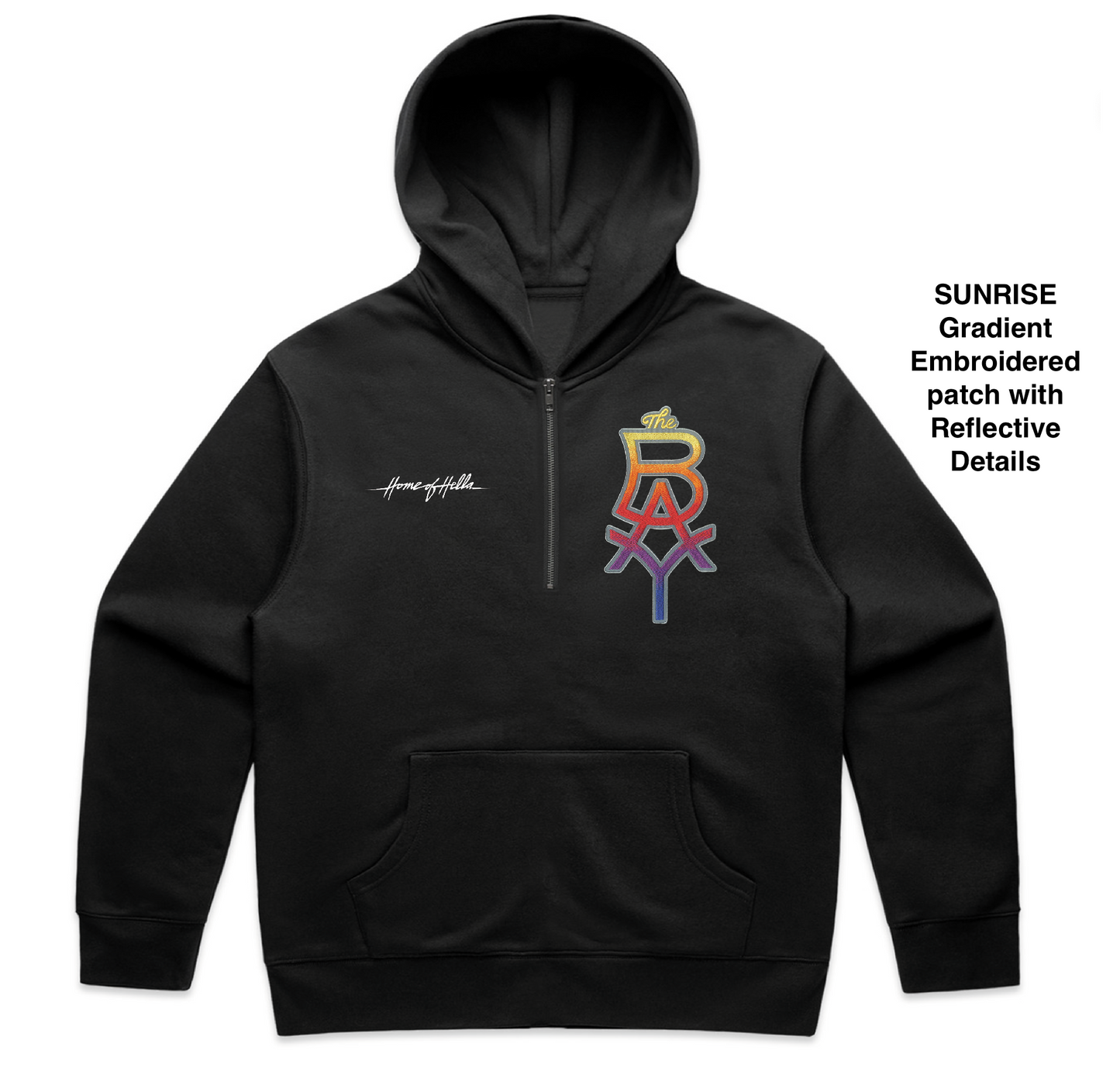 The BAY Heritage Quarter Zip Hoodie (Black w/ Sunrise or Sunset colored patch)